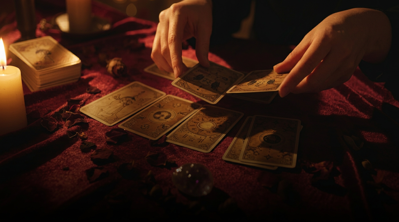 Mãos realizando uma tiragem de cartas sobre tecido vermelho à luz de vela